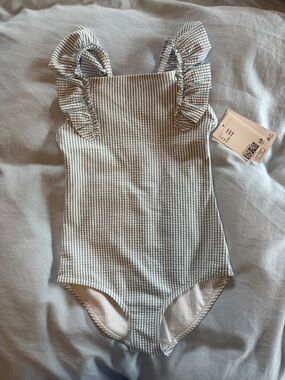 H&M Light Blue & White Striped One-Piece Swimsuit with Ruffle Straps
